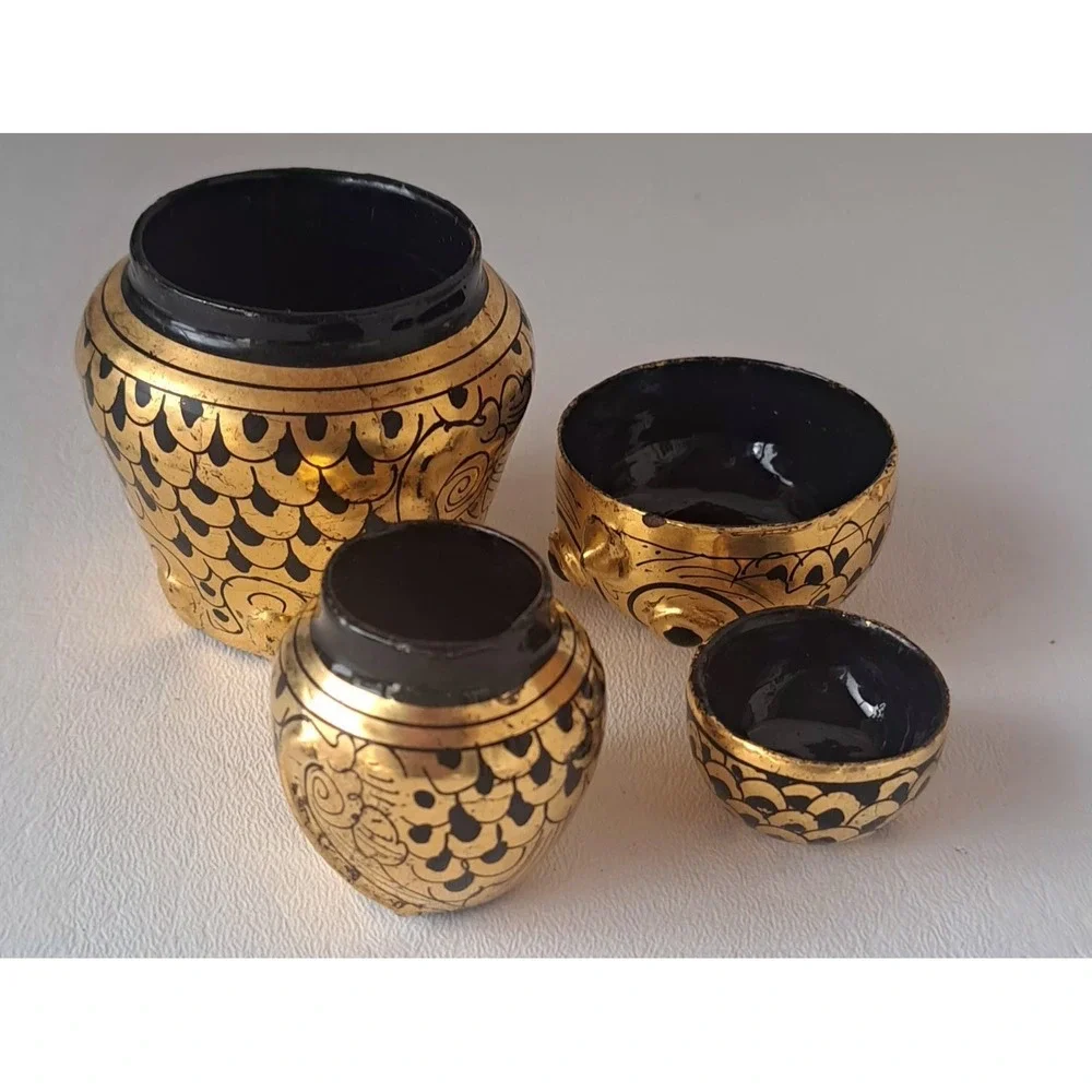 Vintage Burmese Owl Gold Gilt Lacquer Nesting Boxes Set Of 2